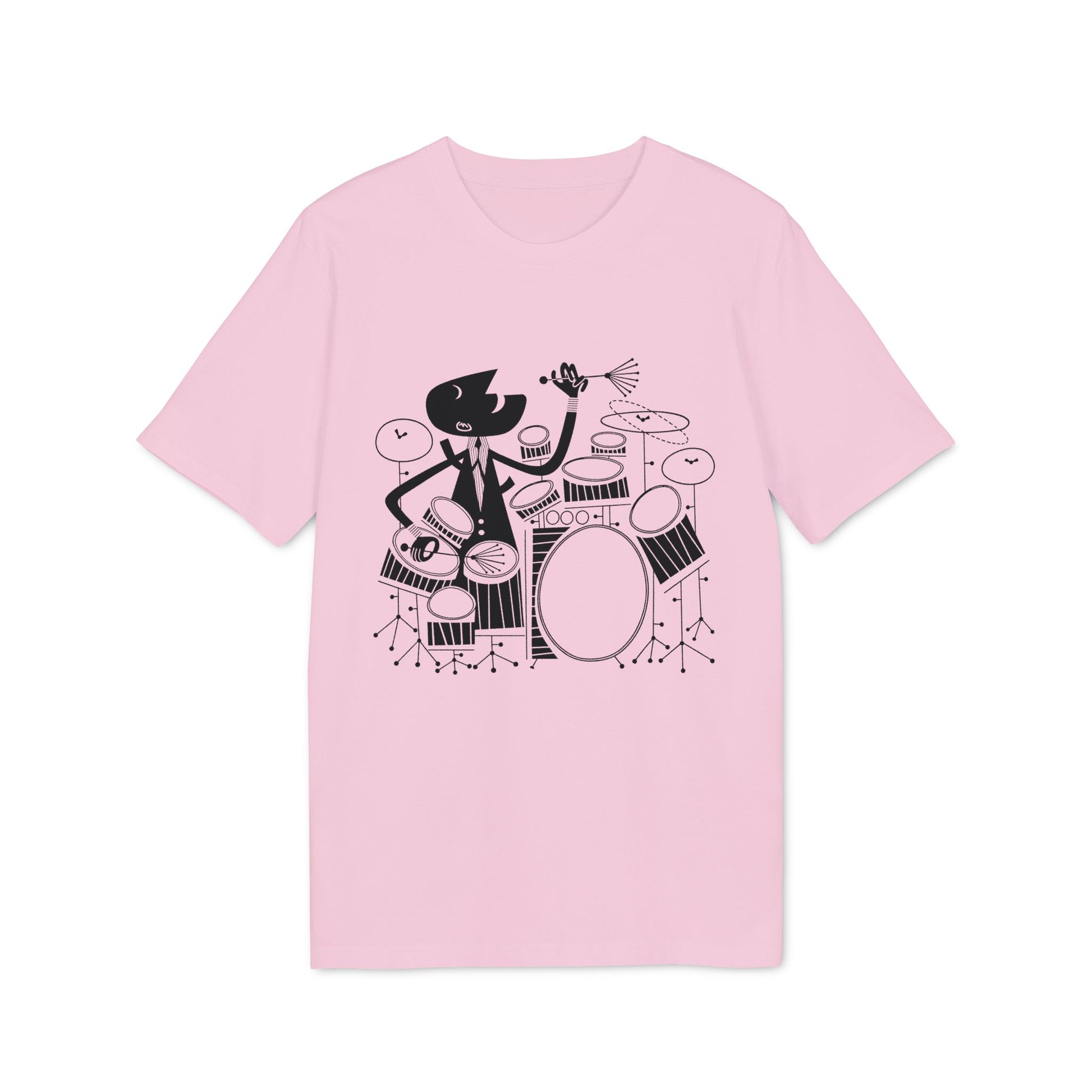 Pink t-shirt with a black, stylized drawing of a drummer playing a drum set.