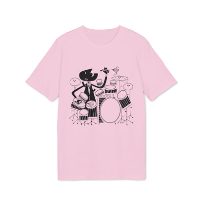 Pink t-shirt with a black, stylized drawing of a drummer playing a drum set.