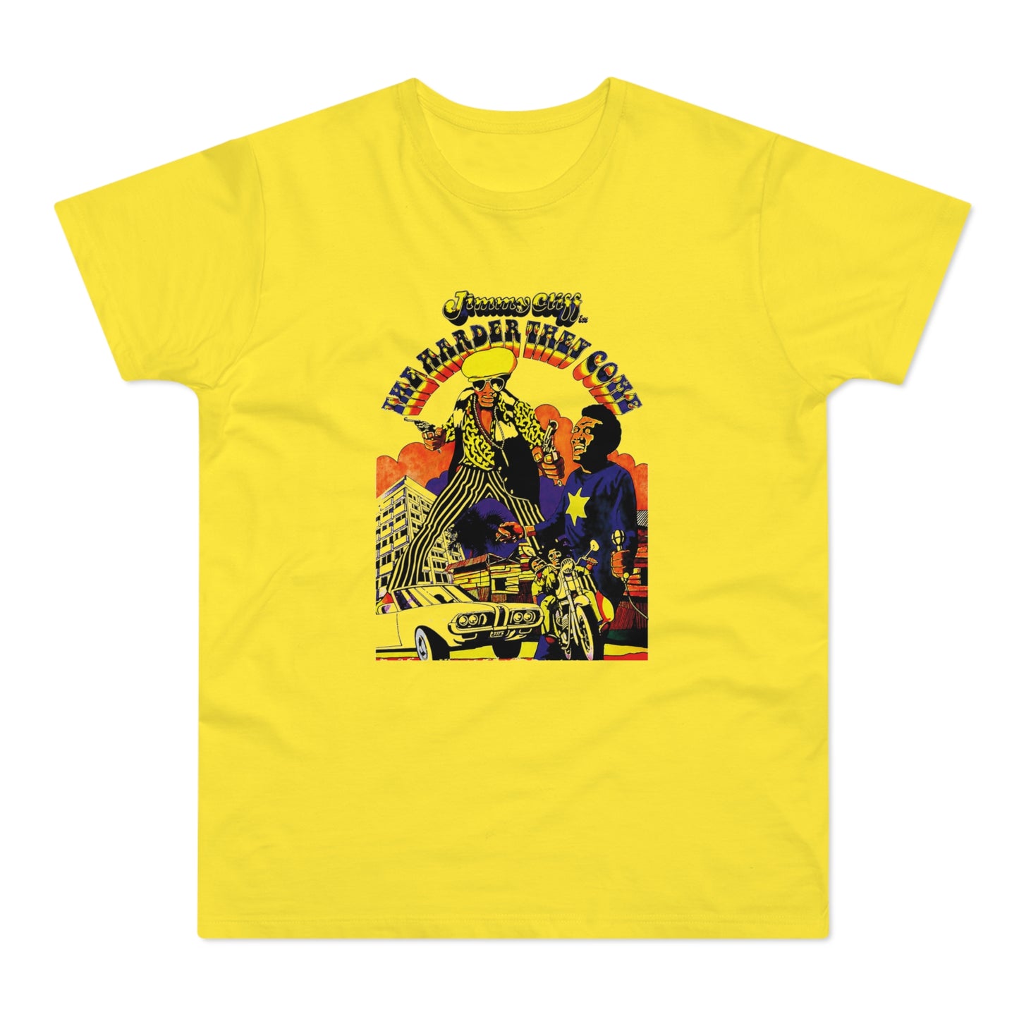 Jimmy Cliff's "The Harder They Come" album art on a yellow t-shirt.