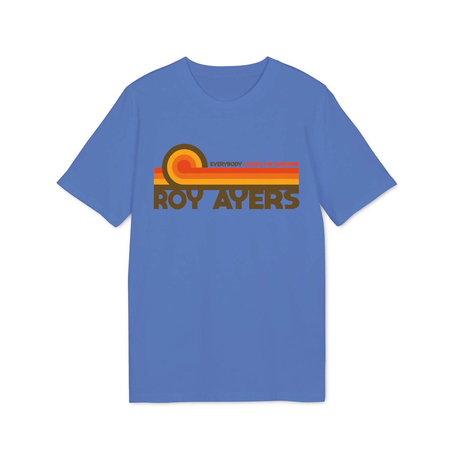 Blue t-shirt with "Roy Ayers" and "Everybody Loves The Sunshine" text.