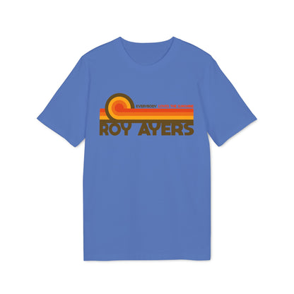 Blue t-shirt with "Roy Ayers" and "Everybody Loves The Sunshine" text.