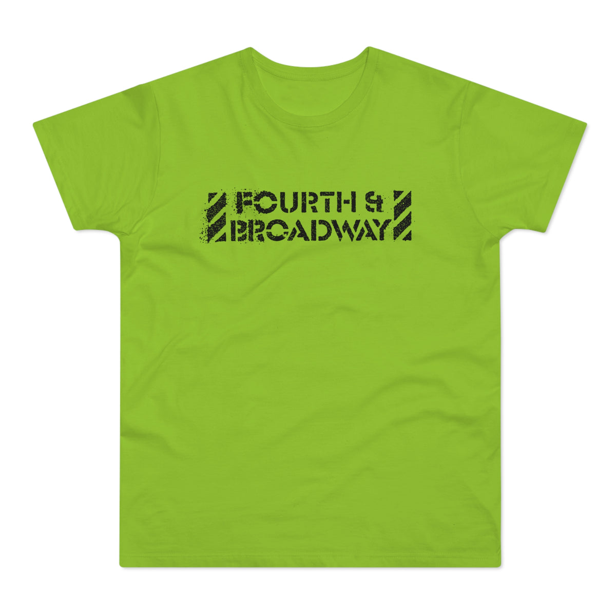Lime green t-shirt with black "FOURTH & BROADWAY" stencil text.