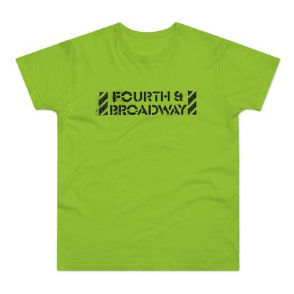 Lime green t-shirt with black "FOURTH & BROADWAY" stencil text.