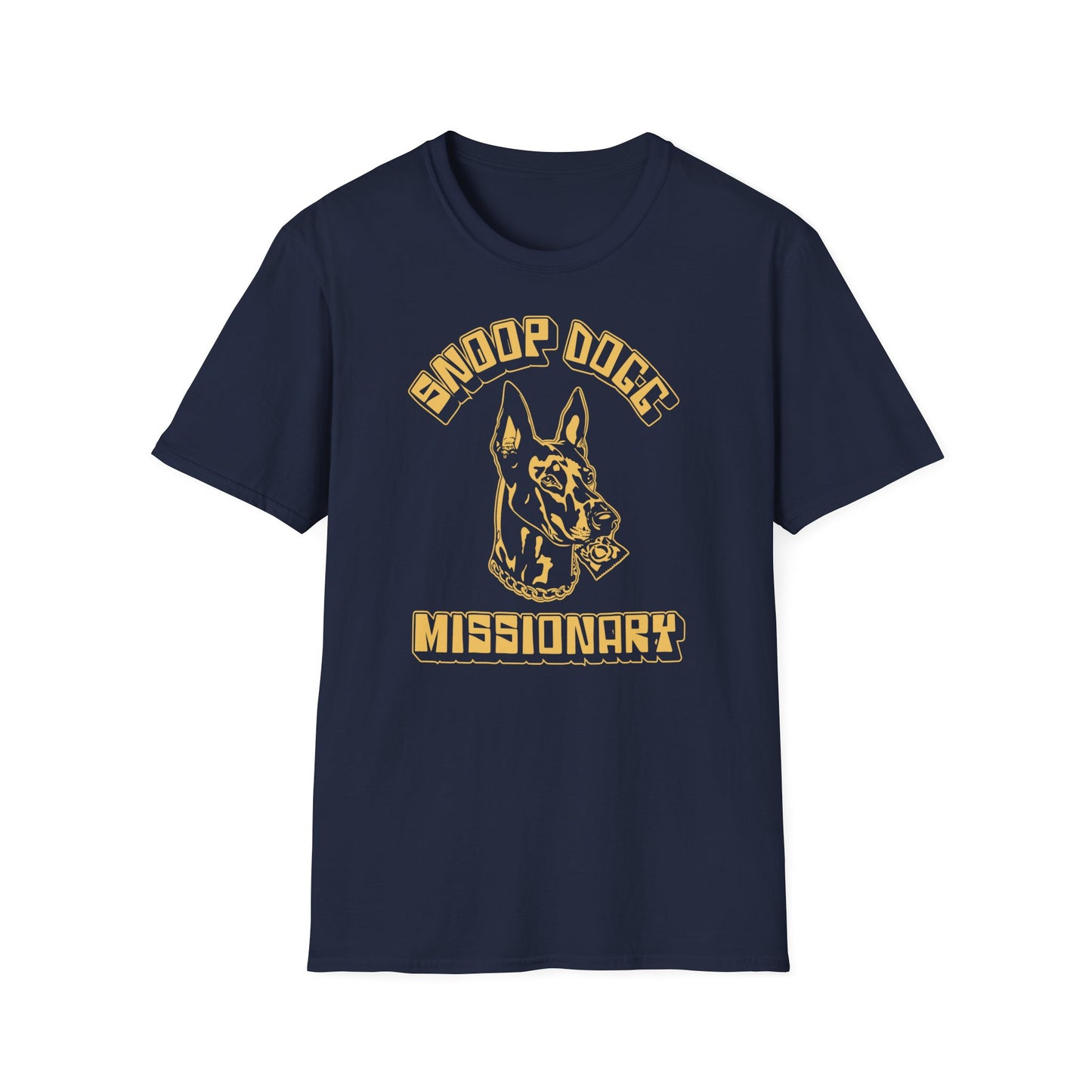 Navy t-shirt with gold text "SNOOP DOGG MISSIONARY" and dog head graphic.