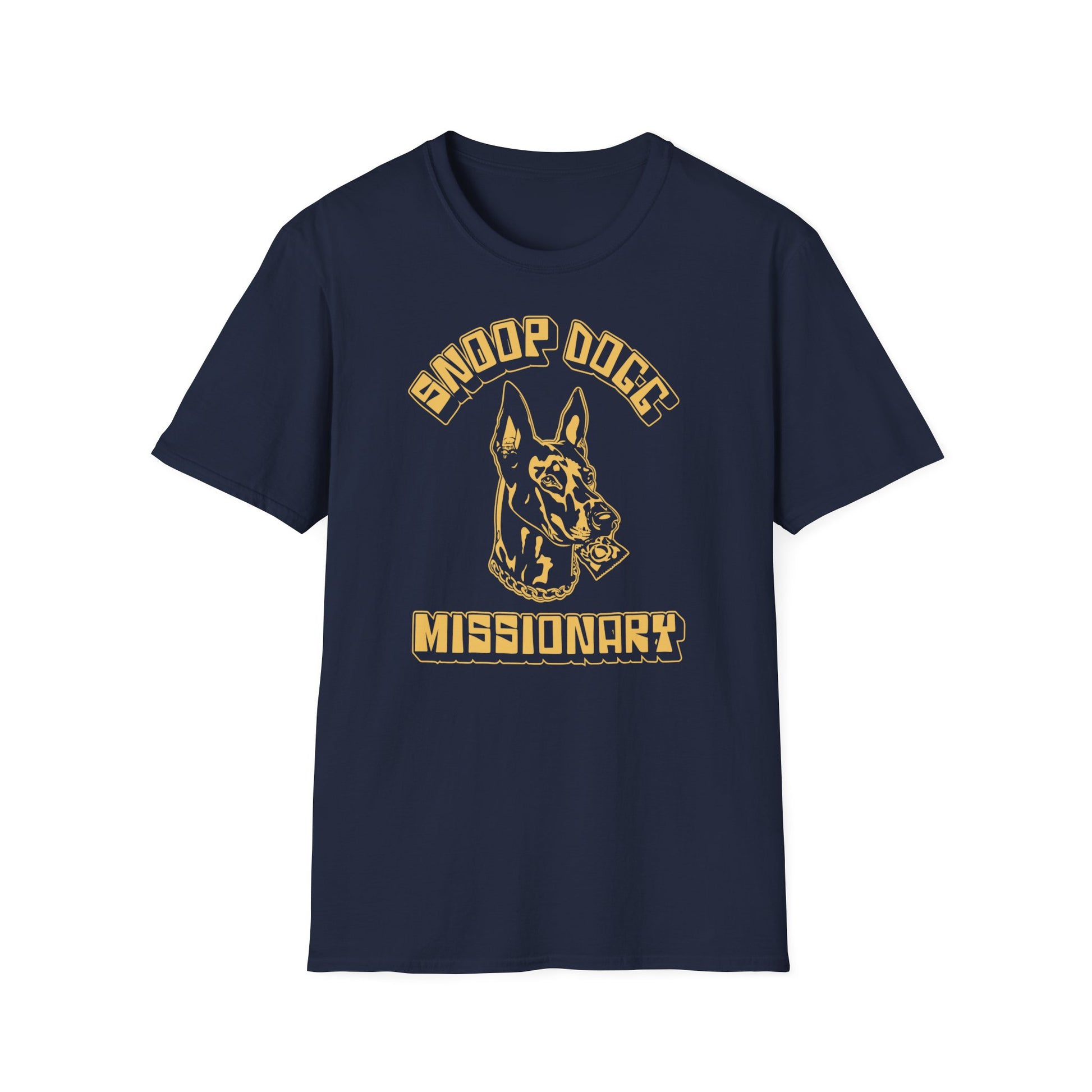 Navy t-shirt with gold text "SNOOP DOGG MISSIONARY" and dog head graphic.