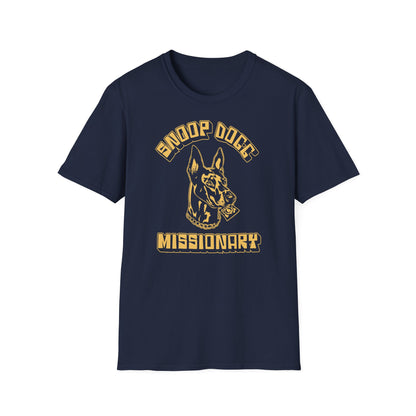 Navy t-shirt with gold text "SNOOP DOGG MISSIONARY" and dog head graphic.