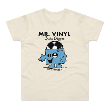 Cream t-shirt with "MR. VINYL Crate Digger" and a cartoon vinyl record character.