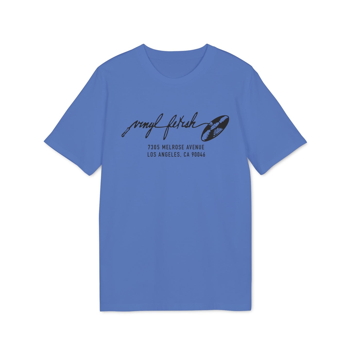 Blue t-shirt with "vinyl fetish" logo and Los Angeles address.