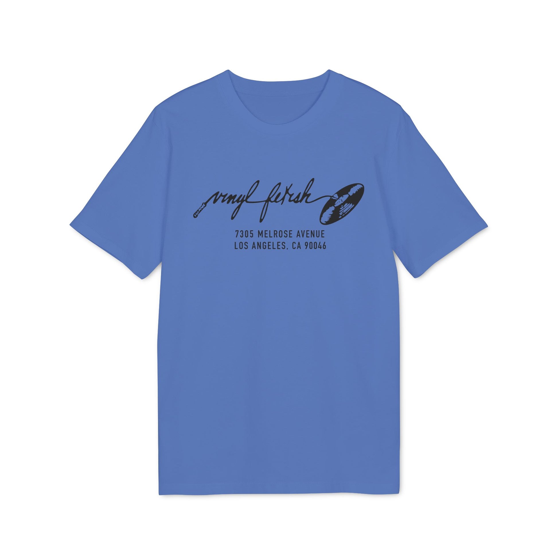 Blue t-shirt with "vinyl fetish" logo and Los Angeles address.
