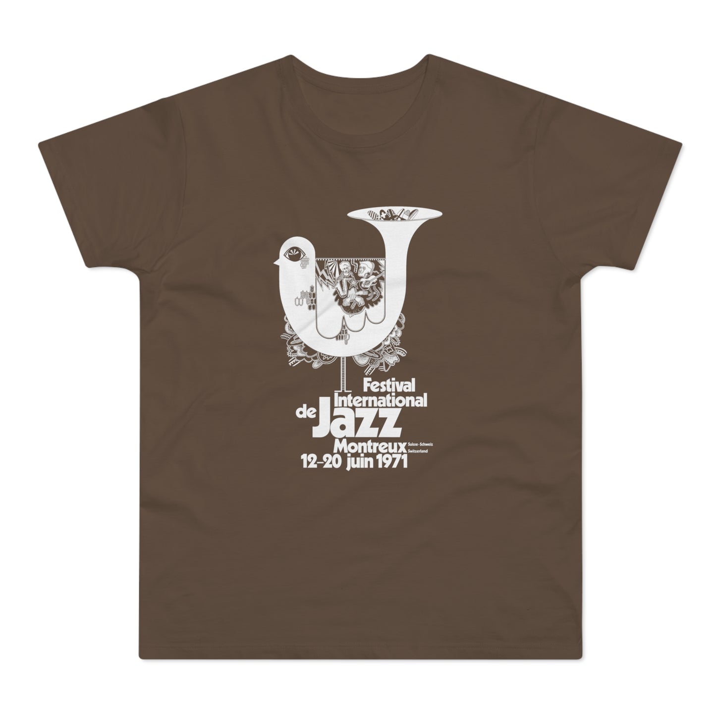 Brown t-shirt with white "Festival International de Jazz Montreux 12-20 juin 1971" graphic.