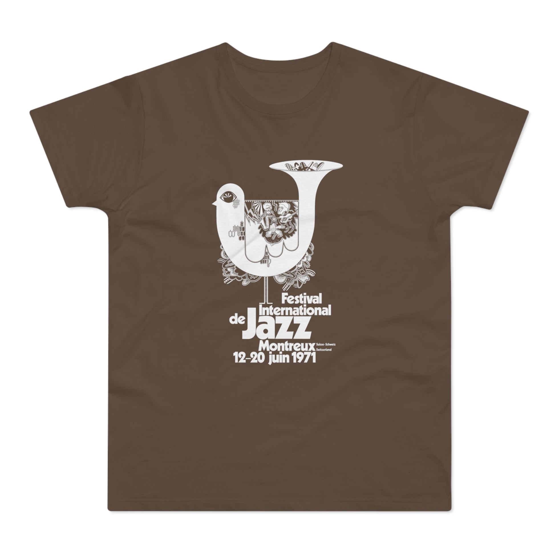 Brown t-shirt with white "Festival International de Jazz Montreux 12-20 juin 1971" graphic.