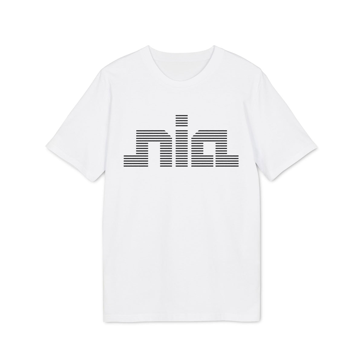 White t-shirt with black horizontal striped "nia" logo across the chest.