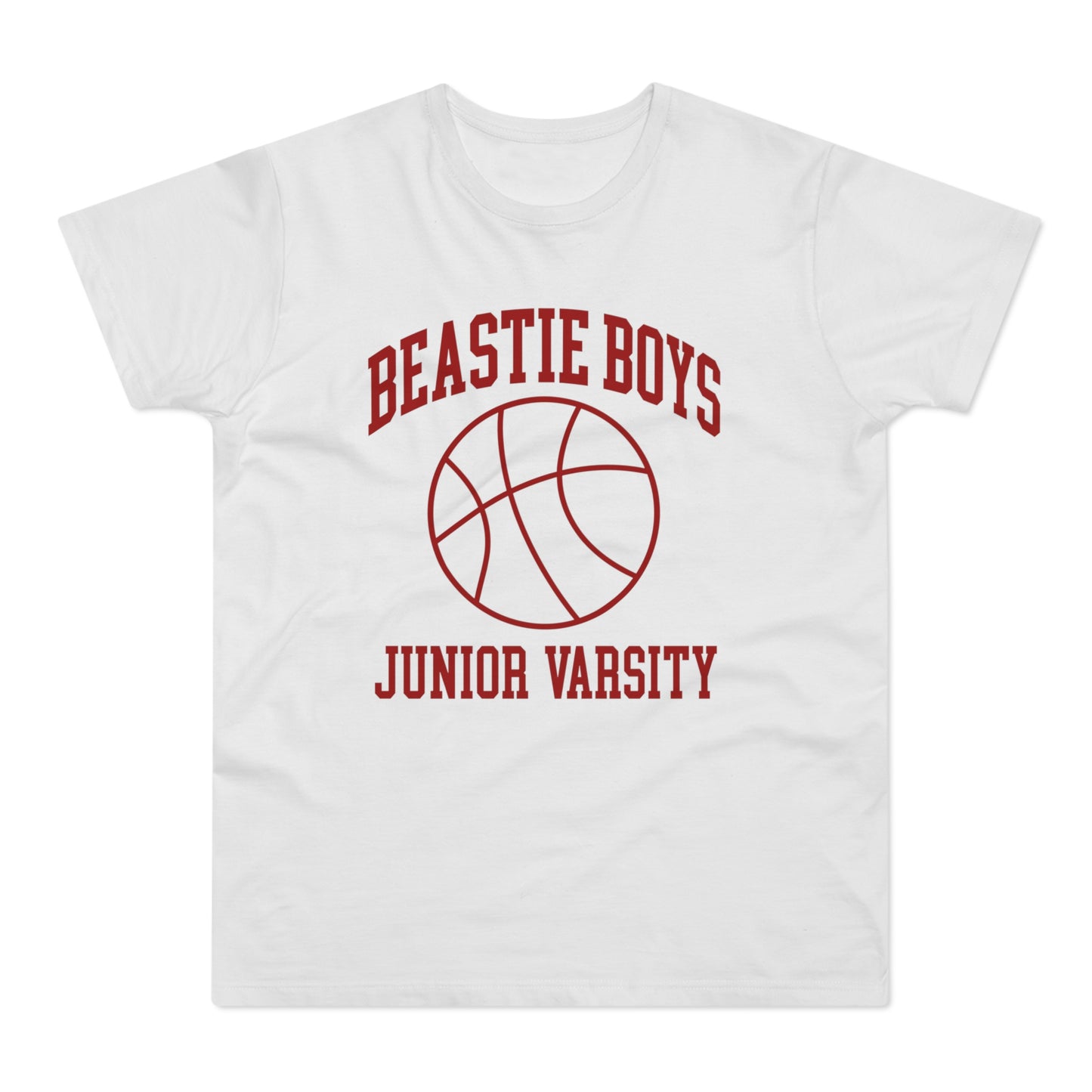 White t-shirt with "Beastie Boys Junior Varsity" text and basketball graphic.