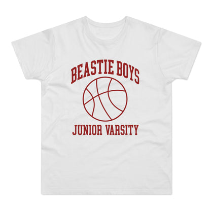White t-shirt with "Beastie Boys Junior Varsity" text and basketball graphic.