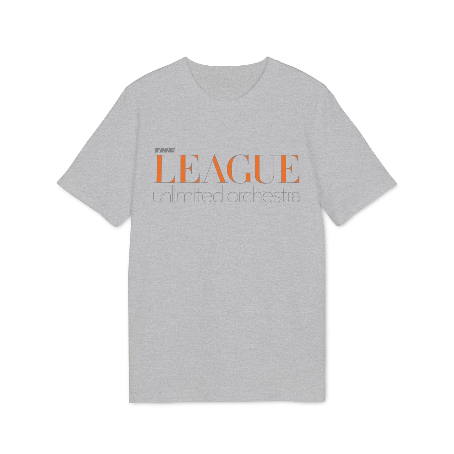 Grey t-shirt with "THE LEAGUE unlimited orchestra" text in orange and grey.