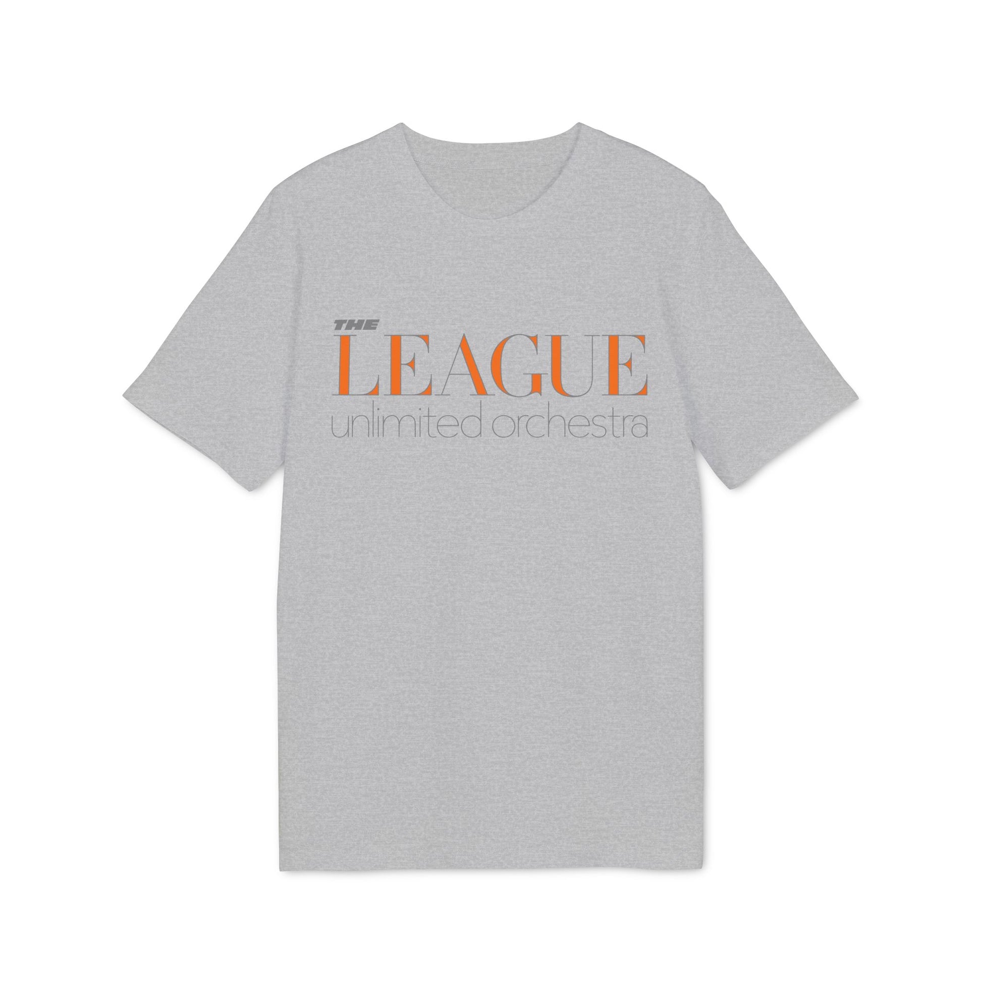 Grey t-shirt with "THE LEAGUE unlimited orchestra" text in orange and grey.