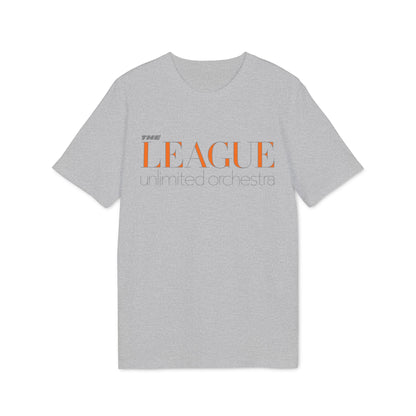Grey t-shirt with "THE LEAGUE unlimited orchestra" text in orange and grey.