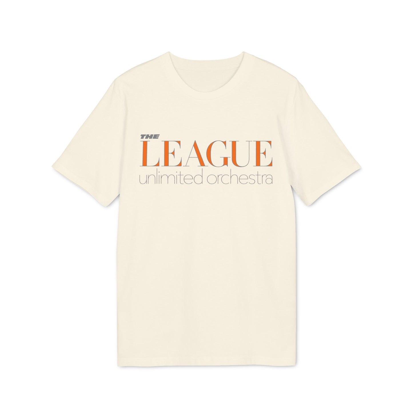 Cream t-shirt with orange and gray "The League unlimited orchestra" text.