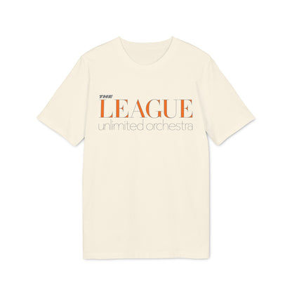 Cream t-shirt with orange and gray "The League unlimited orchestra" text.