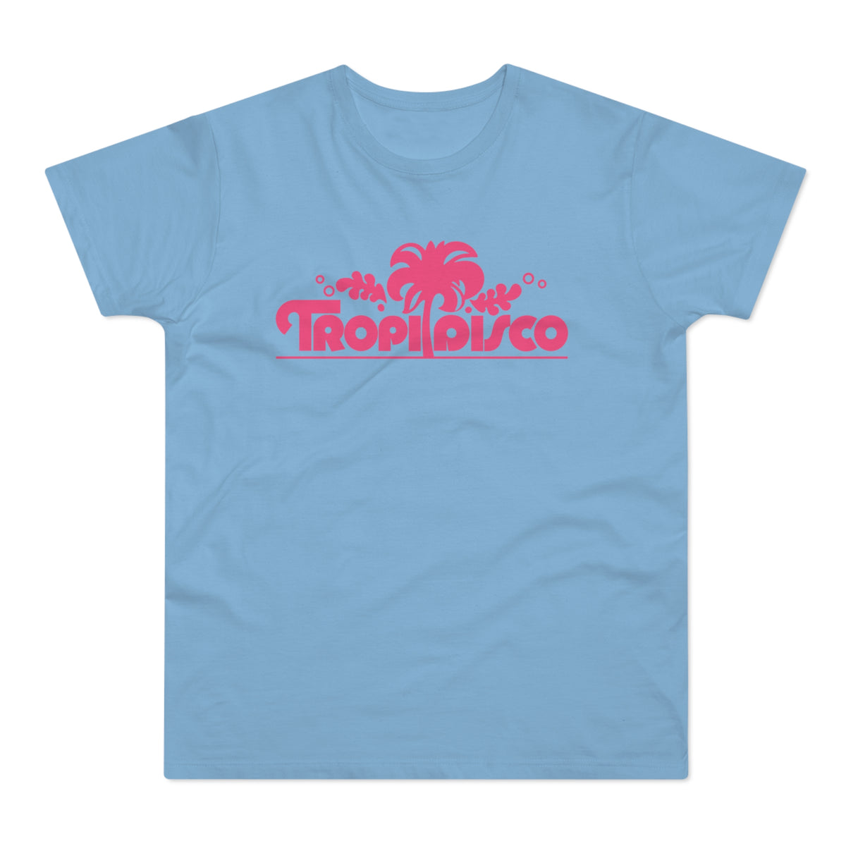 Blue t-shirt with pink "Tropi Disco" text and palm tree graphic.
