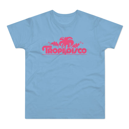 Blue t-shirt with pink "Tropi Disco" text and palm tree graphic.