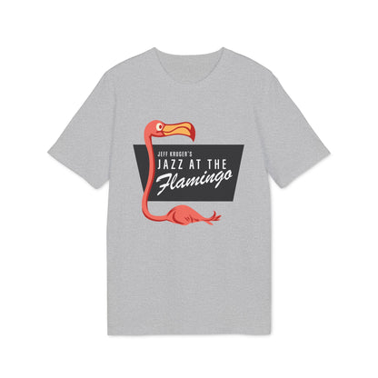 Grey t-shirt with a cartoon flamingo and "Jeff Kruger's Jazz at the Flamingo" text.