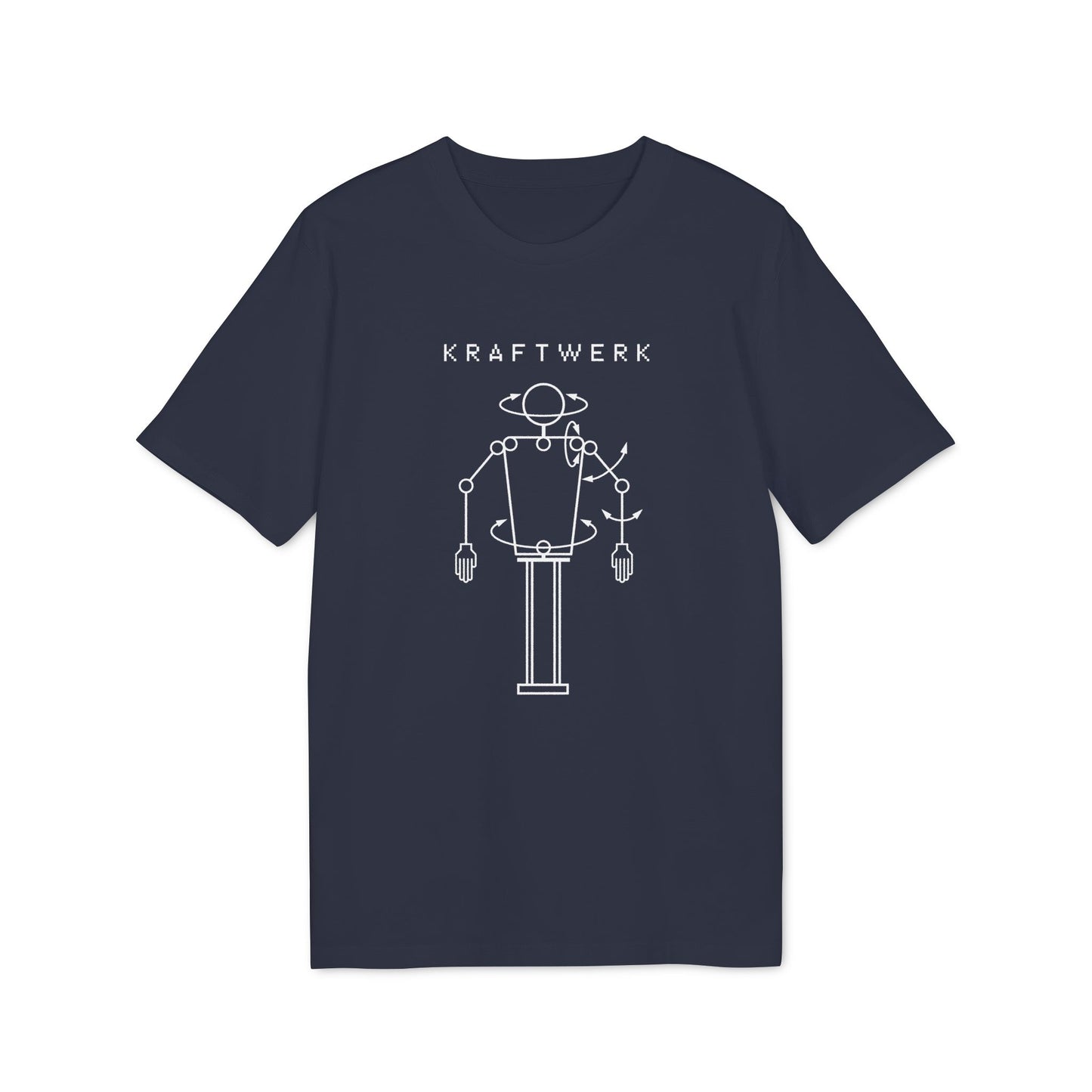Navy t-shirt with white Kraftwerk logo and robot graphic.