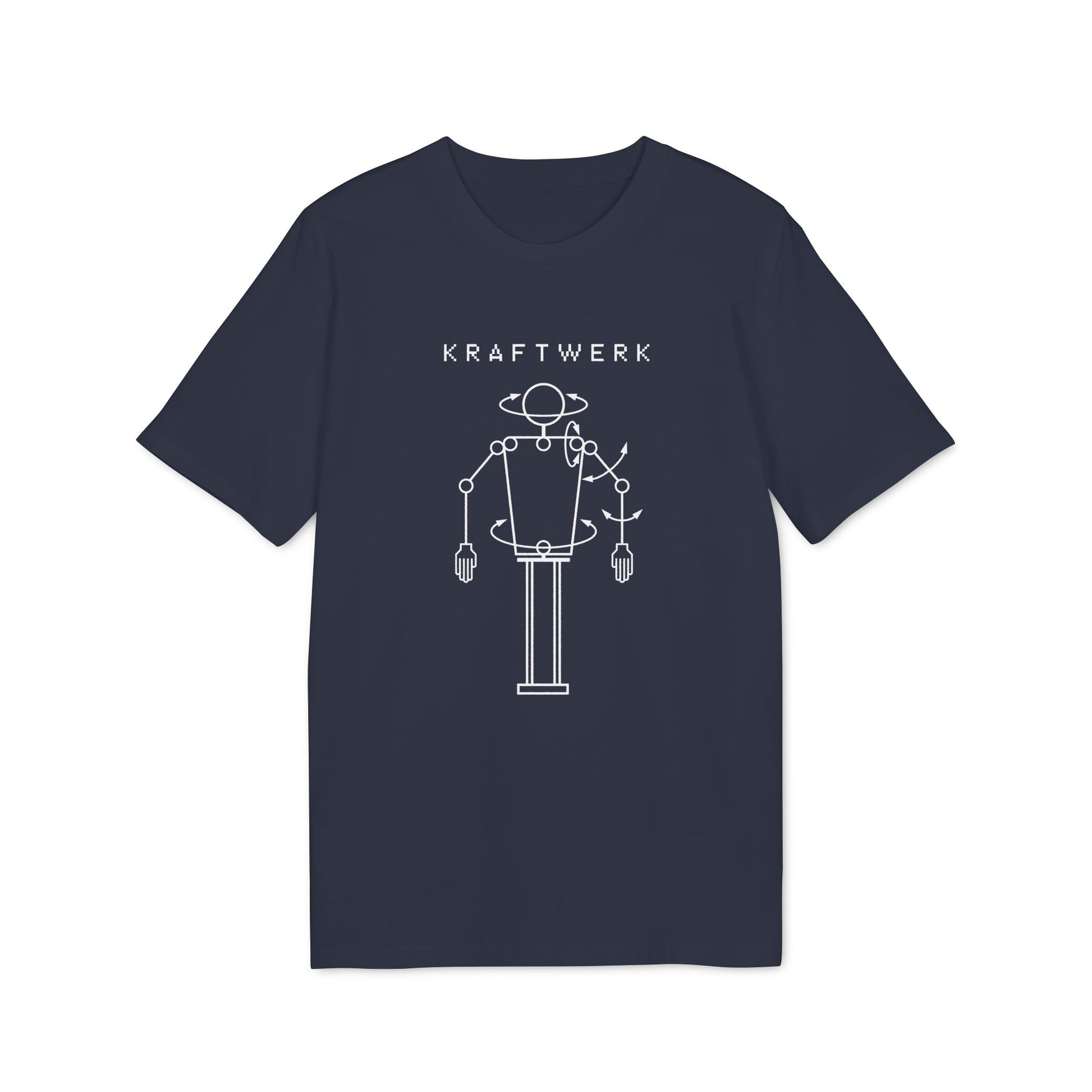 Navy t-shirt with white Kraftwerk logo and robot graphic.