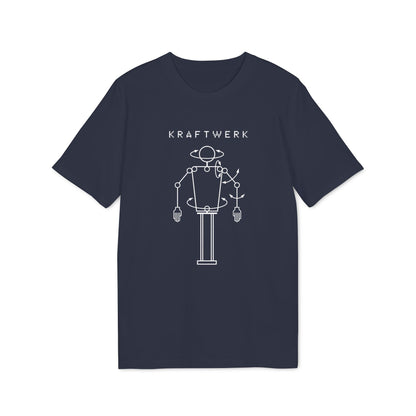 Navy t-shirt with white Kraftwerk logo and robot graphic.