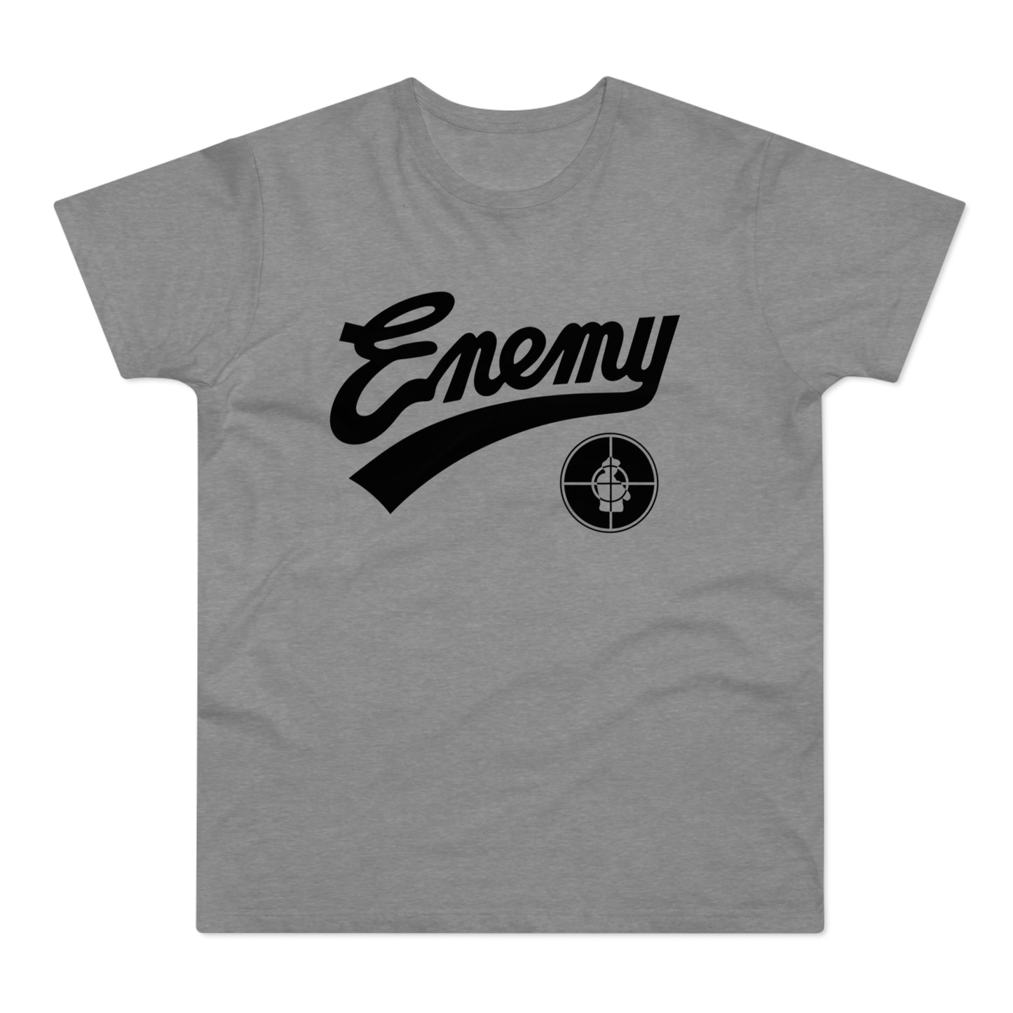 Grey t-shirt with black "Enemy" text and a target logo.