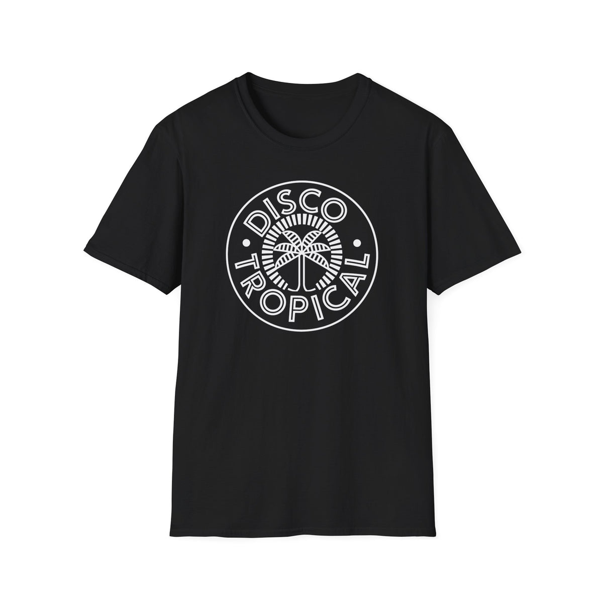 Black t-shirt with white "Disco Tropical" text and palm tree graphic.
