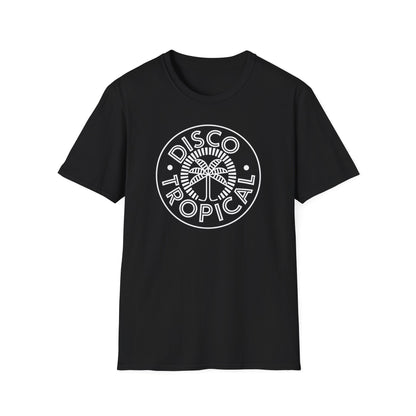 Black t-shirt with white "Disco Tropical" text and palm tree graphic.
