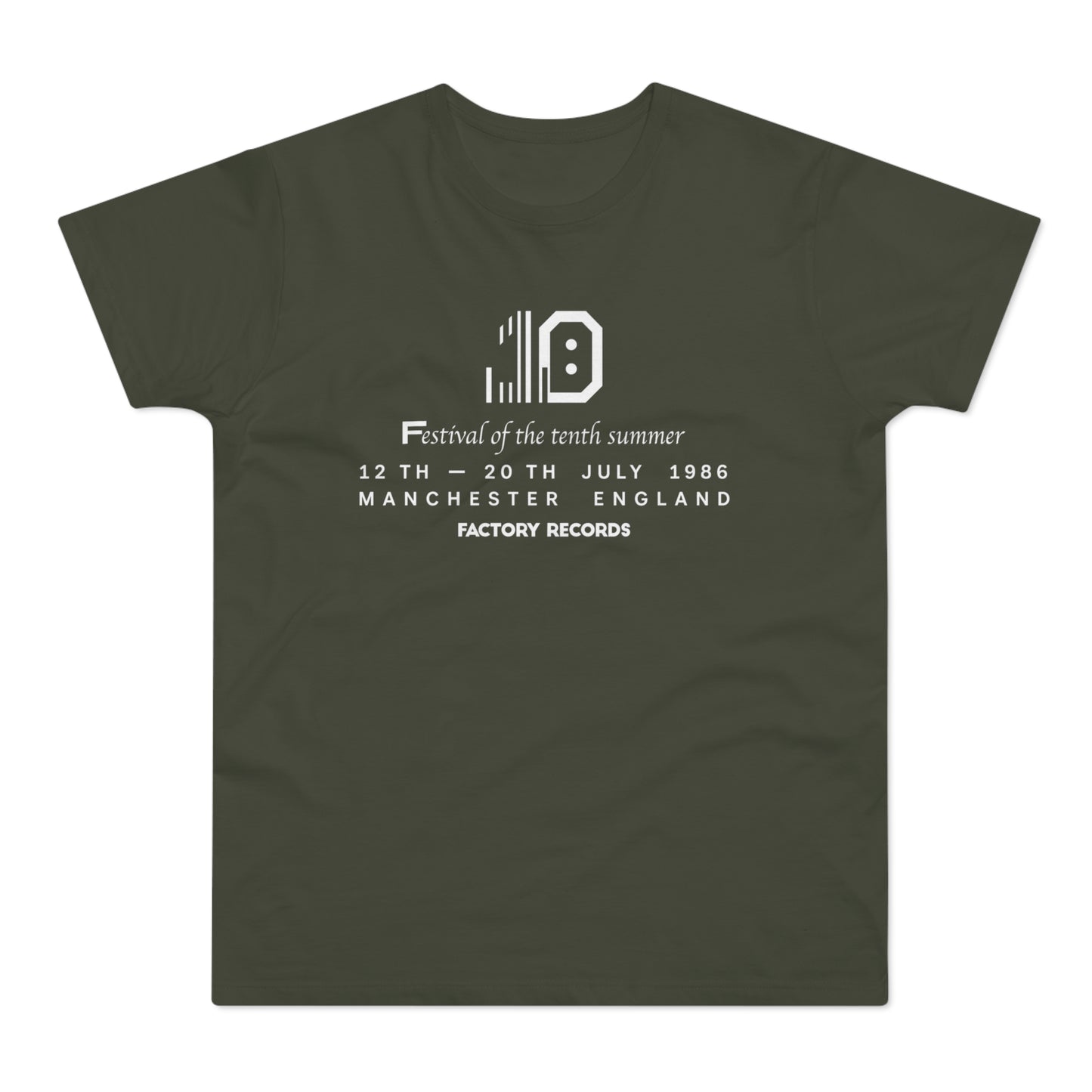Green t-shirt with white text: Festival of the tenth summer, July 1986, Manchester, England, Factory Records.