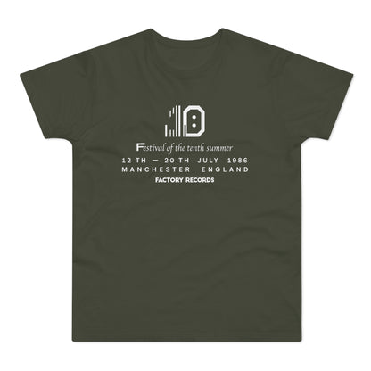 Green t-shirt with white text: Festival of the tenth summer, July 1986, Manchester, England, Factory Records.