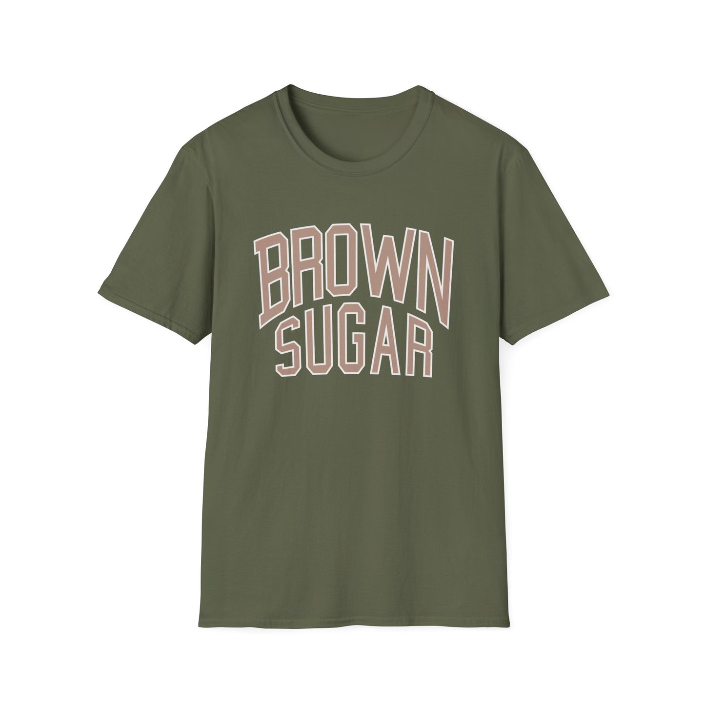 Olive green t-shirt with "BROWN SUGAR" text in outline font.