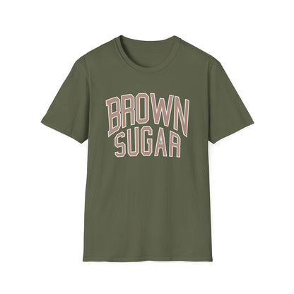 Olive green t-shirt with "BROWN SUGAR" text in outline font.
