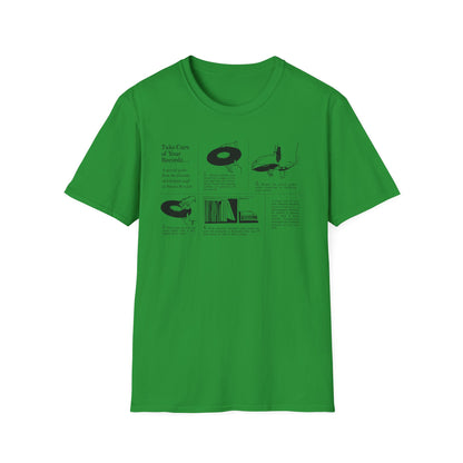 Green t-shirt with "Take Care of Your Records..." guide.