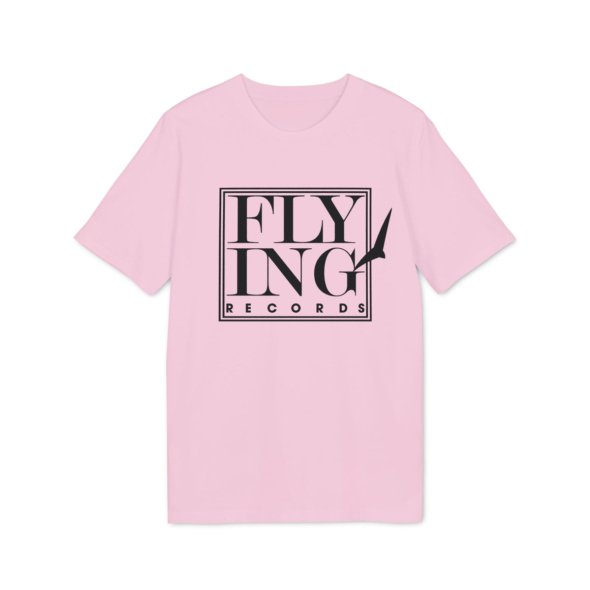 Pink t-shirt with black "FLYING RECORDS" text and bird graphic on chest.