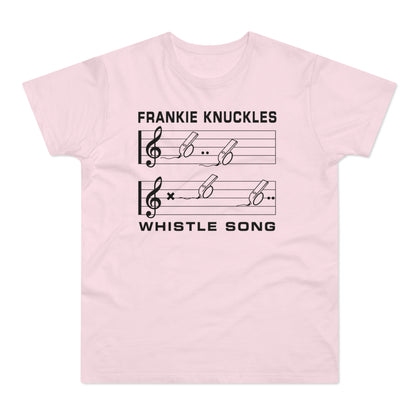 Pink t-shirt with "FRANKIE KNUCKLES WHISTLE SONG" and musical notation.