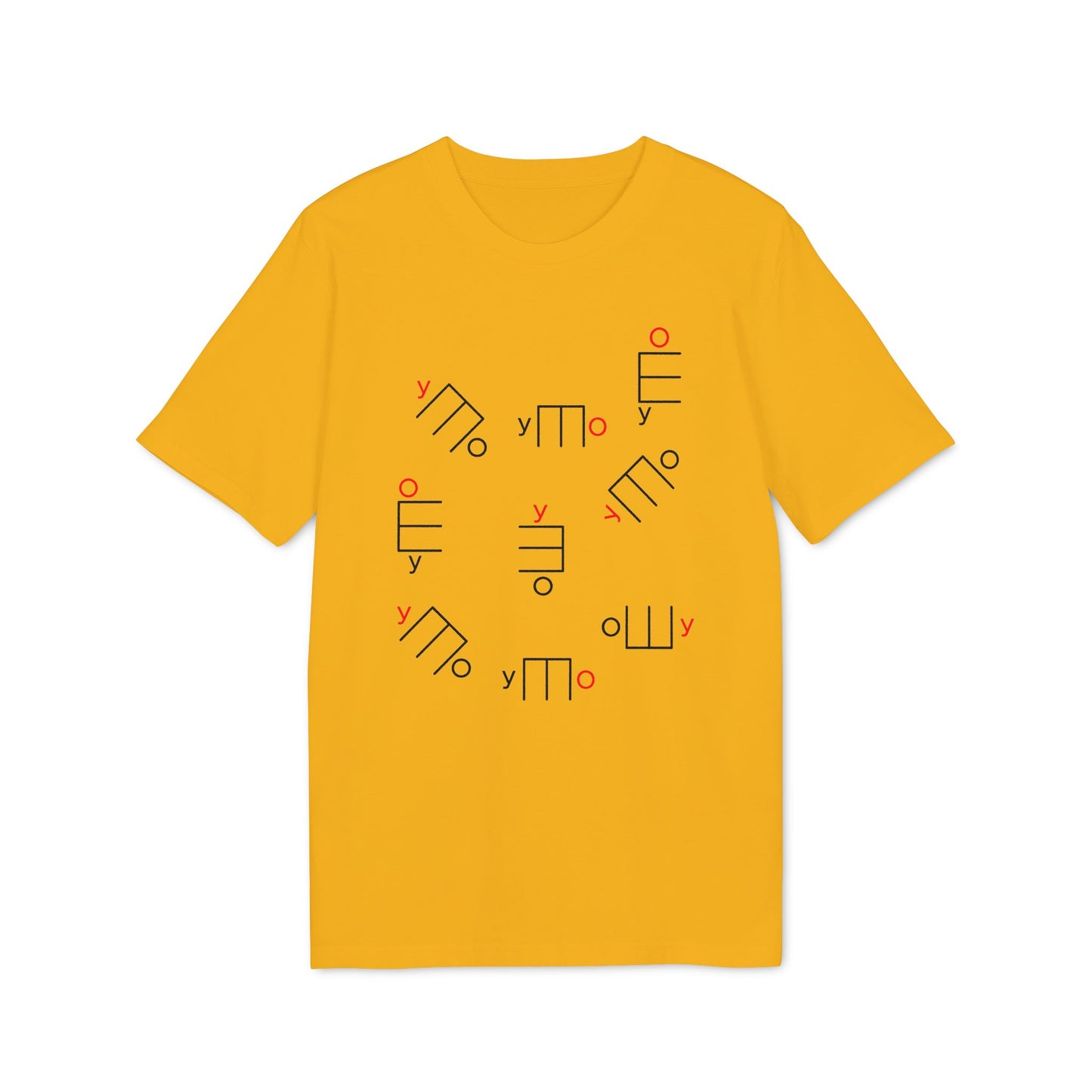 Yellow t-shirt with scattered red and black abstract geometric shapes and letters.