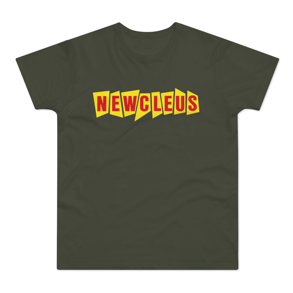Olive t-shirt with yellow and red "NEWCLEUS" text graphic.