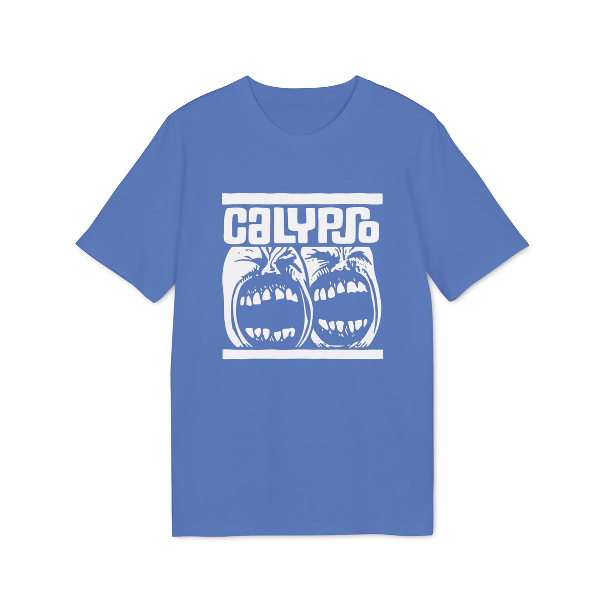 Blue t-shirt with white "CALYPSO" text and distressed screaming faces graphic.