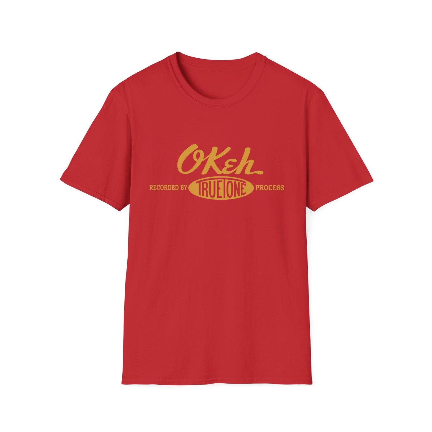 Red t-shirt with yellow "OKeh True Tone" logo and text.