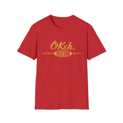 Red t-shirt with yellow "OKeh True Tone" logo and text.
