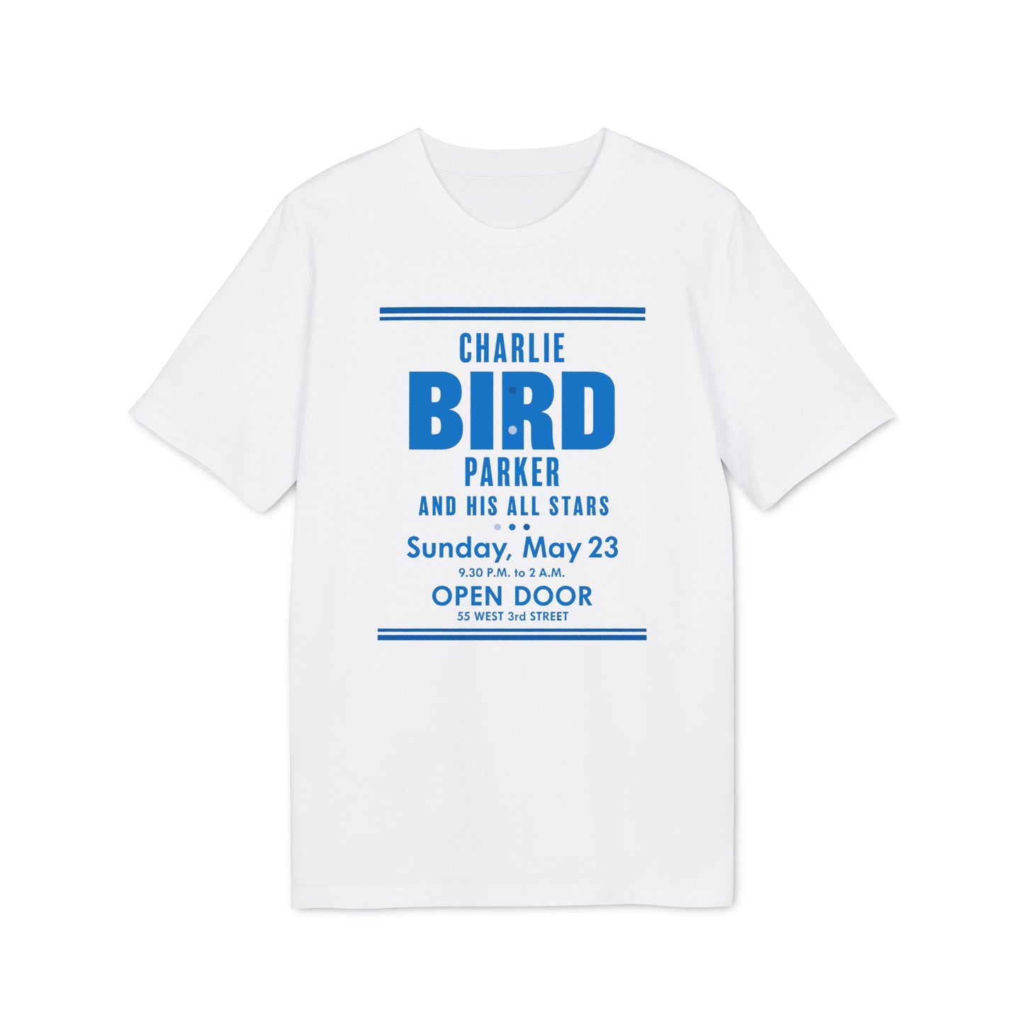 White t-shirt with blue text for "CHARLIE BIRD PARKER AND HIS ALL STARS".