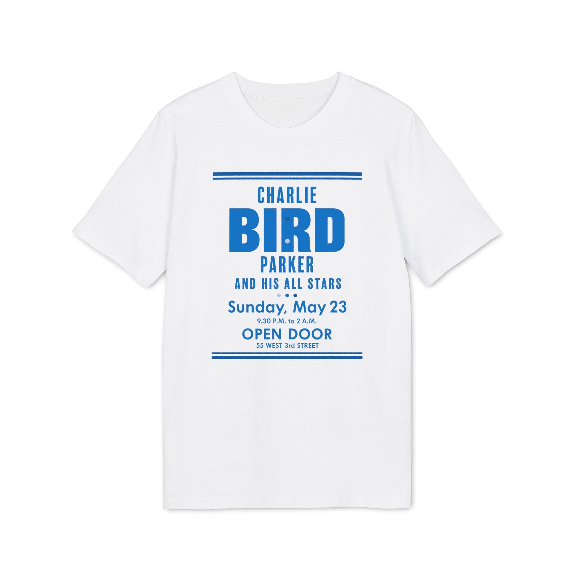 White t-shirt with blue text for "CHARLIE BIRD PARKER AND HIS ALL STARS".