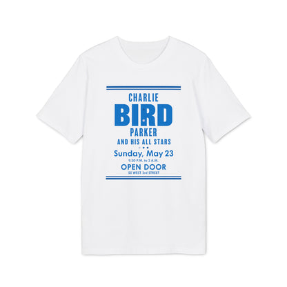 White t-shirt with blue text for "CHARLIE BIRD PARKER AND HIS ALL STARS".