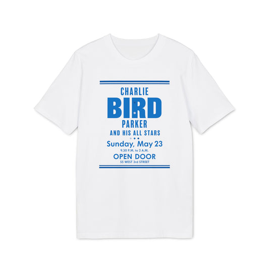 White t-shirt with blue text for "CHARLIE BIRD PARKER AND HIS ALL STARS".
