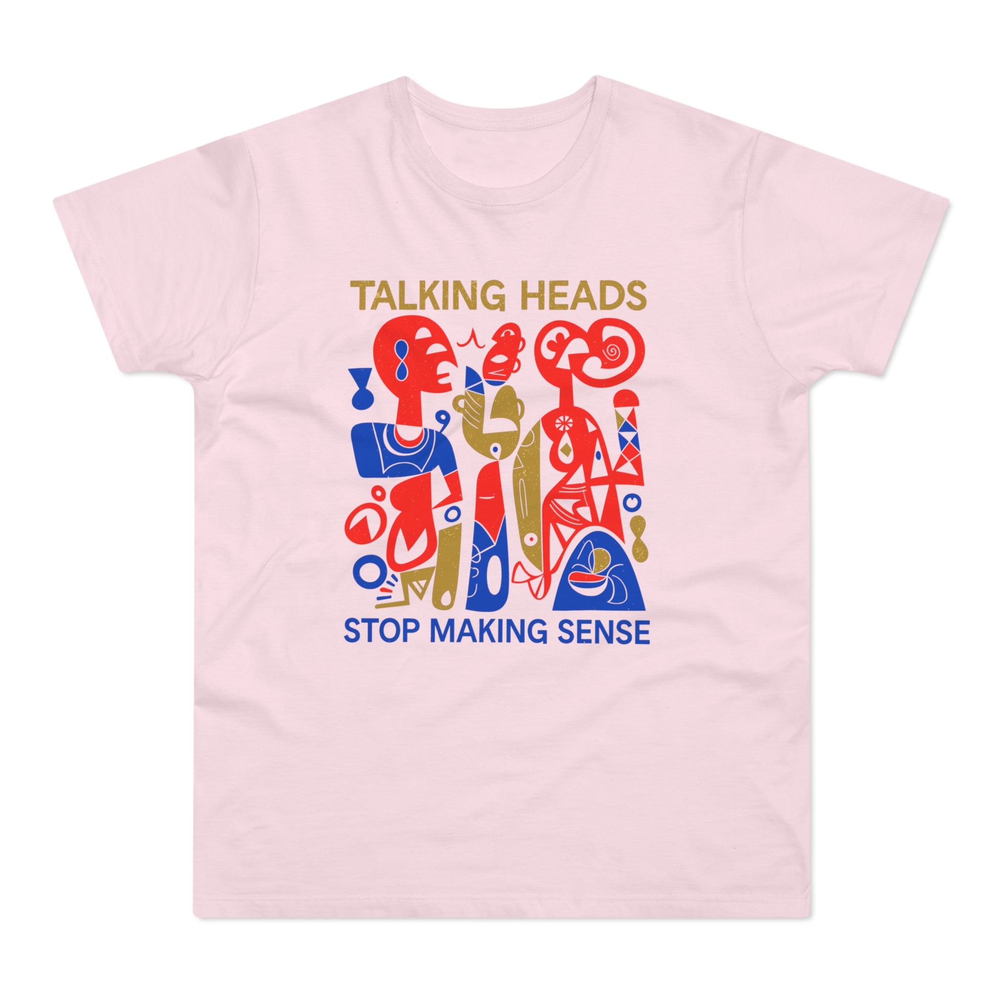 Talking Heads Stop Making Sense graphic on a pink t-shirt.