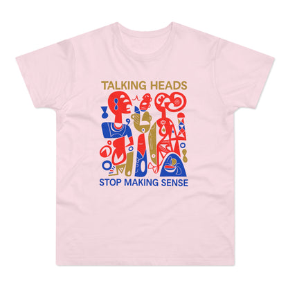 Talking Heads Stop Making Sense graphic on a pink t-shirt.